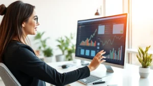 Professional female entrepreneur in modern office reviewing business metrics on large monitor, natural lighting, confident expression, contemporary workspace with minimalist design