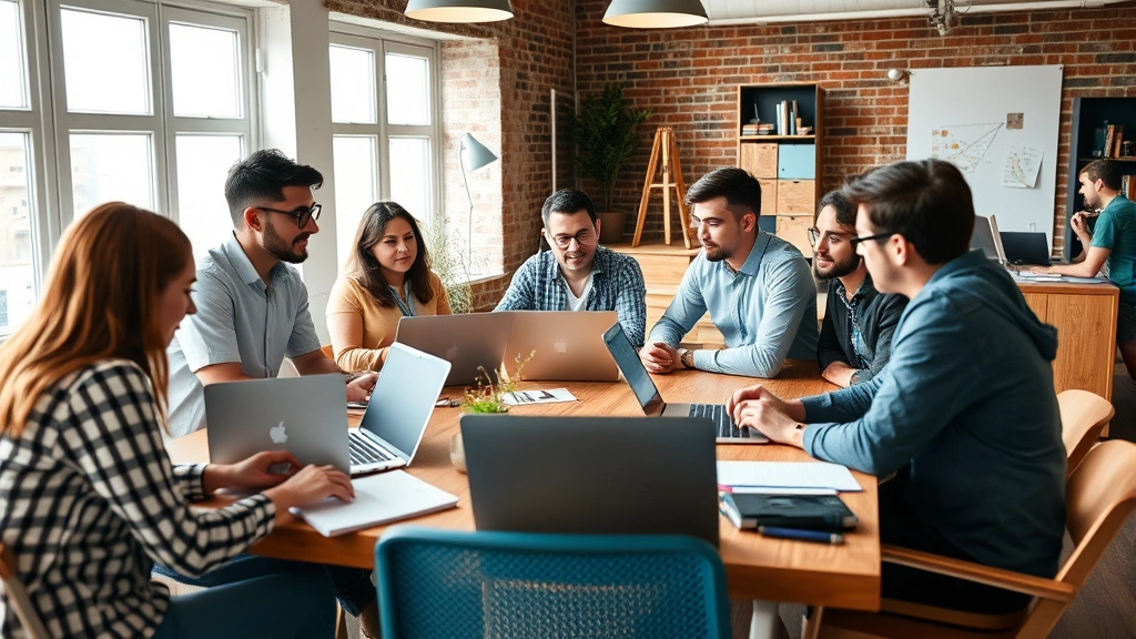 Diverse startup team collaborating around wooden table with laptops and notebooks, engaged discussion, natural daylight from windows, energetic and focused atmosphere