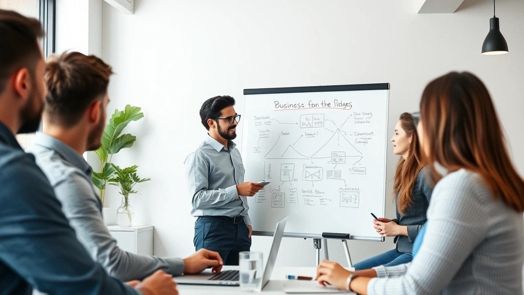 Male founder presenting business model on whiteboard to engaged team members, modern tech startup environment, professional attire, dynamic brainstorming session