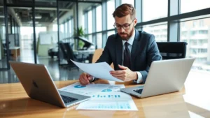 Professional HR manager reviewing vehicle fleet documents at modern office desk, analyzing company car program spreadsheets with laptop and tablet, corporate environment with natural lighting