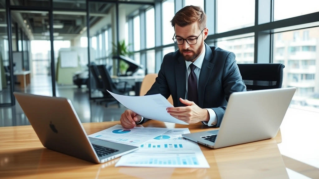 Professional HR manager reviewing vehicle fleet documents at modern office desk, analyzing company car program spreadsheets with laptop and tablet, corporate environment with natural lighting