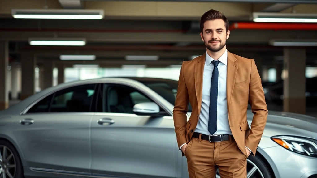 Executive business professional in business casual attire standing confidently next to luxury company sedan in corporate parking garage, modern urban setting, professional appearance
