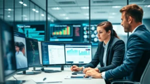 Professional business team reviewing data quality metrics and company records on multiple computer screens in a modern corporate office environment, showing focused collaboration on database management
