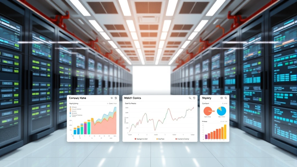 Modern data center with server infrastructure and analytics dashboard displaying company name matching algorithms and data consolidation processes in real-time visualization