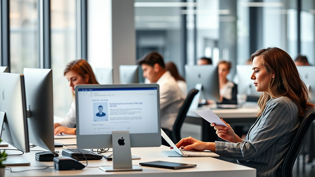 Corporate office setting with employees at individual desks checking emails on computers, modern workspace with natural light, focused expressions reading company communications