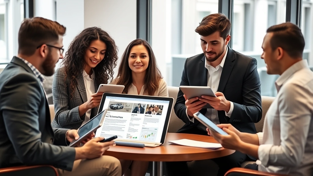 Business team in casual meeting area discussing newsletter content strategy, holding tablets and papers, engaged discussion, diverse group, modern office environment with windows