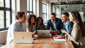 Professional diverse team collaborating in modern office, engaged in discussion around wooden table with laptops and notebooks, natural lighting from windows, genuine smiles and active listening body language
