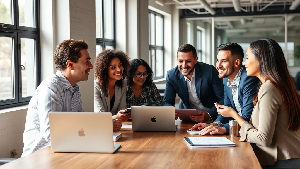 Professional diverse team collaborating in modern office, engaged in discussion around wooden table with laptops and notebooks, natural lighting from windows, genuine smiles and active listening body language