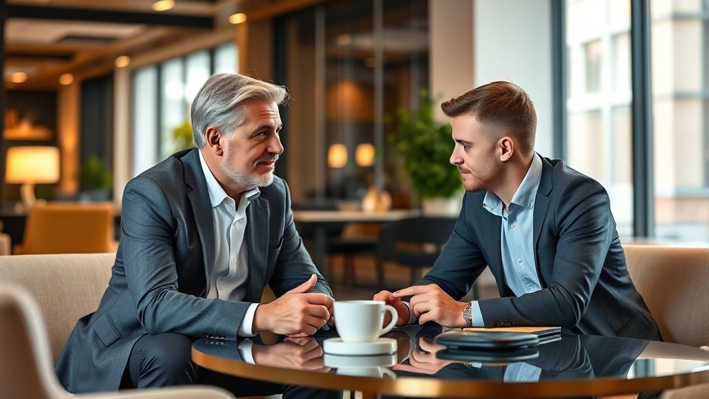 Senior executive conducting one-on-one mentoring session with younger employee at coffee table in contemporary office lounge, warm lighting, both individuals focused and leaning forward showing engagement