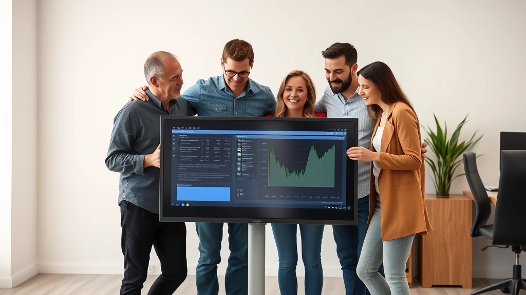 Multi-generational employee group in casual team setting, standing together reviewing data on large monitor, relaxed posture, inclusive body language, modern minimalist office environment