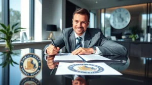 Professional business owner signing incorporation documents at modern office desk with Virginia state seal visible, natural lighting, confident expression, formal business attire