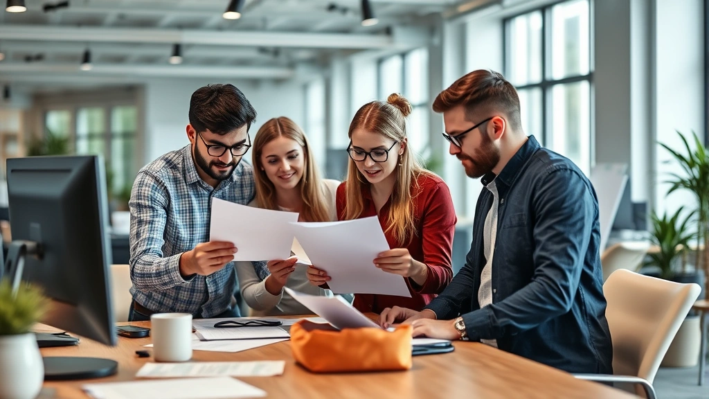 Diverse team of entrepreneurs in startup office reviewing business formation paperwork and registration documents together, collaborative workspace, modern technology visible