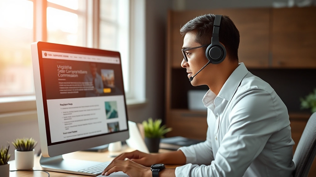 Business professional at computer filing company registration online through Virginia State Corporation Commission website, focused expression, professional office environment, mid-day lighting