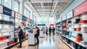 Professional corporate campus store interior with modern shelving displaying branded merchandise, employees browsing products, natural lighting from large windows, minimalist design with company colors, contemporary retail environment