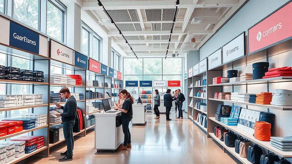 Professional corporate campus store interior with modern shelving displaying branded merchandise, employees browsing products, natural lighting from large windows, minimalist design with company colors, contemporary retail environment