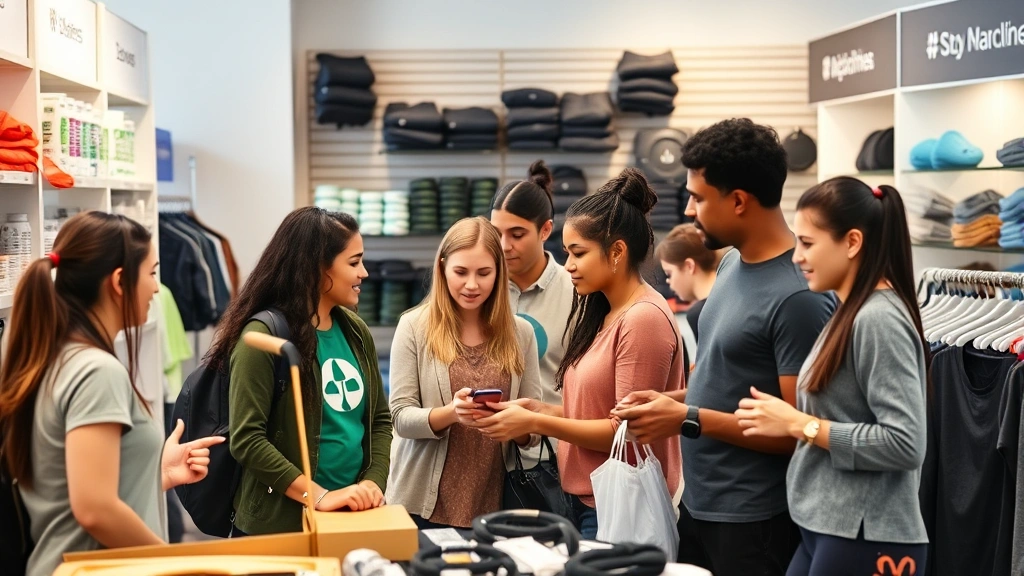 Diverse employees shopping together in a company store featuring wellness products, fitness equipment, and branded apparel on shelves, bright modern aesthetic, collaborative atmosphere, professional corporate setting