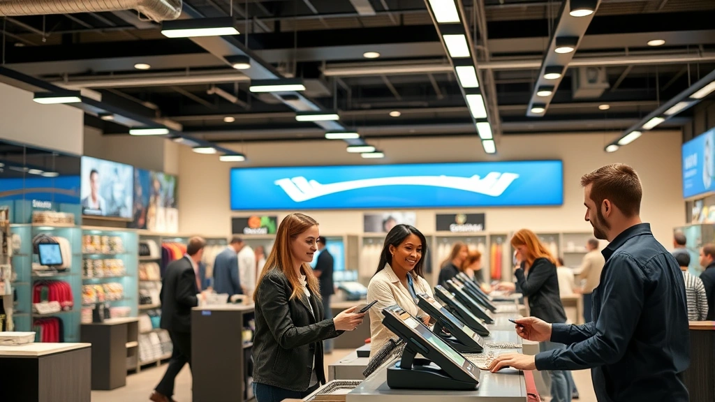 Contemporary company store checkout area with digital payment systems, friendly staff assisting customers, organized merchandise displays in background, modern technology integration, professional business environment with warm lighting