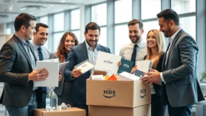 Professional business team unpacking premium branded merchandise in modern office setting, excited expressions, high-quality items visible, natural lighting, diverse group of employees