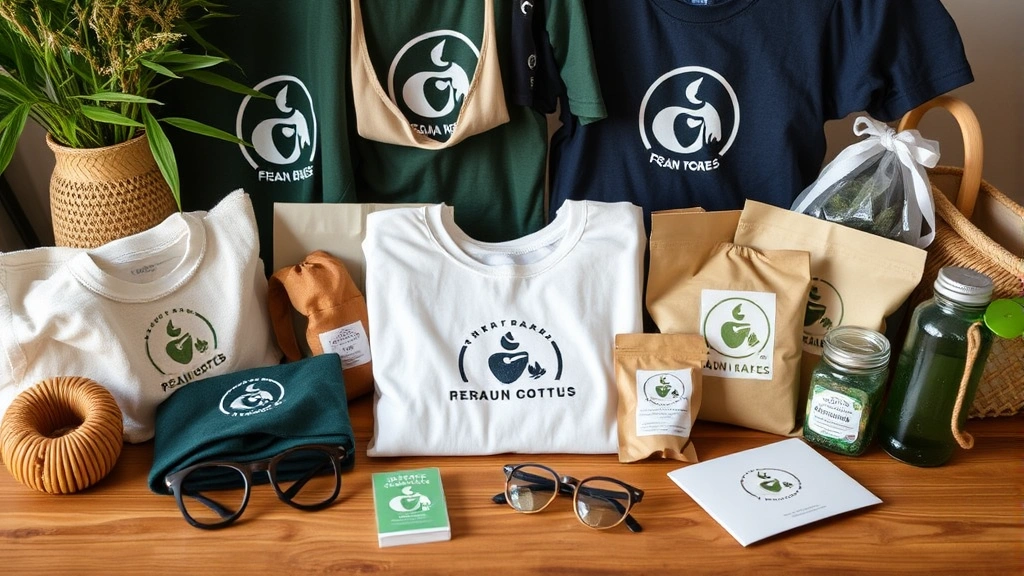 Close-up of curated collection of sustainable eco-friendly promotional products including organic cotton apparel, recycled materials, bamboo accessories, and reusable items arranged artfully on wooden table