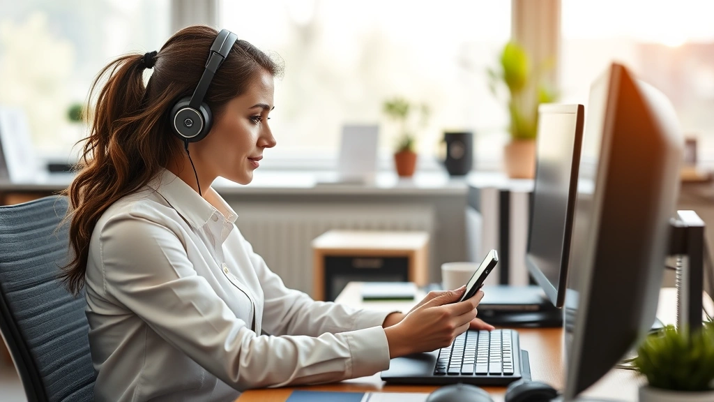 Corporate employee using personalized branded tech accessory at home office desk, productivity focused, quality product in use, professional workspace background, natural daylight