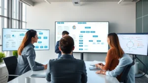 Professional business team in modern office meeting room reviewing organizational charts and structure diagrams on digital displays, collaborative workspace environment, diverse group of executives