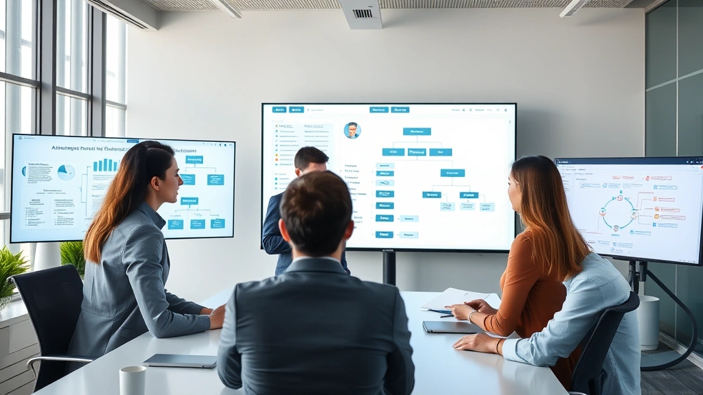 Professional business team in modern office meeting room reviewing organizational charts and structure diagrams on digital displays, collaborative workspace environment, diverse group of executives