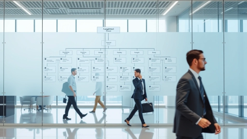 Corporate office with clear hierarchical organizational chart displayed on glass wall, showing interconnected departments and reporting relationships, modern business setting with professionals walking past