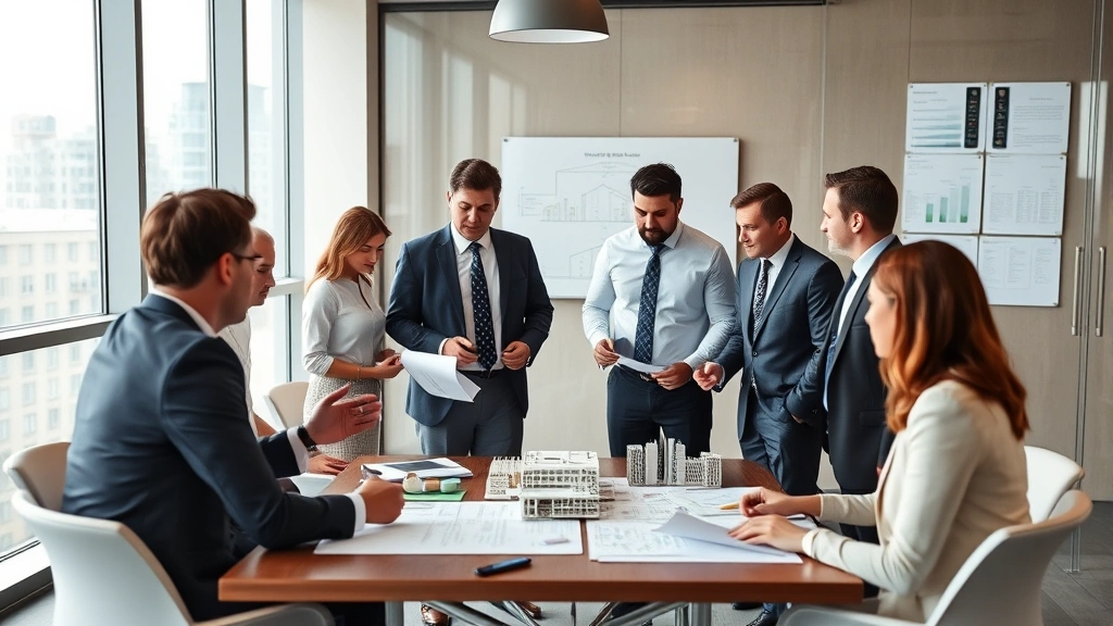 Diverse executive team in contemporary boardroom discussing company structure and growth strategy, strategic planning session with architectural models and organizational documentation visible