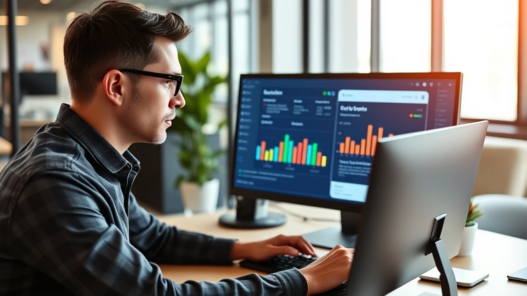 Professional HR manager reviewing benefits administration dashboard on computer screen in modern office setting, displaying employee benefits data and enrollment metrics