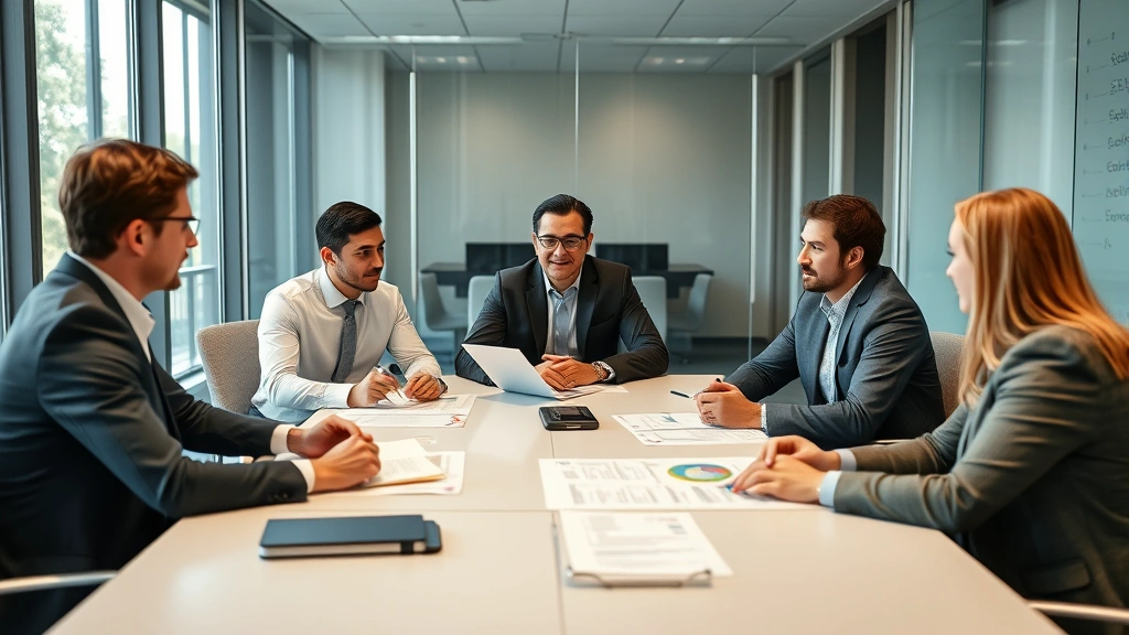 Corporate team in conference room discussing benefits strategy, reviewing documents and analytics reports on benefits administration and employee wellness programs