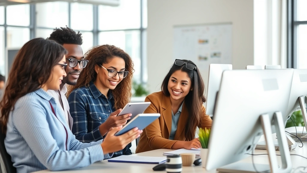 Diverse employees in workplace setting reviewing benefits information on tablet devices and computers, representing multi-generational workforce utilizing benefits technology platform