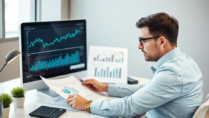 Professional businessman reviewing financial documents and charts on desktop computer in modern office setting with concerned expression analyzing portfolio performance