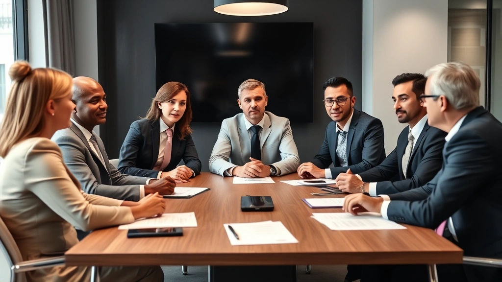 Diverse team of certified financial professionals in business attire having serious meeting discussing compliance and ethical standards in contemporary corporate boardroom