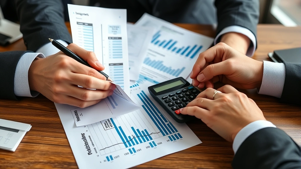 Close-up of hands holding multiple financial statements and investment account documents with calculator and pen on wooden desk during advisory consultation